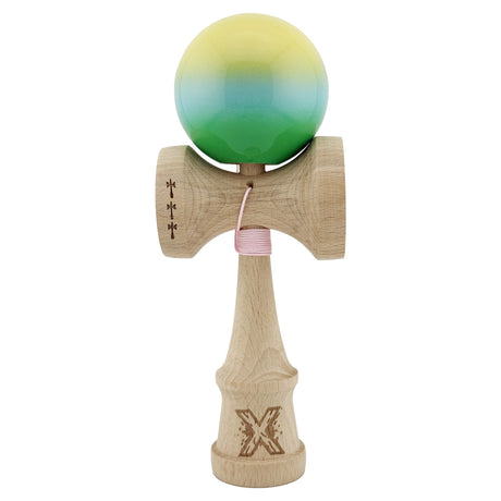 Kendama X Originala, Profesionala, Vivimall, Big Cups V2, Super Sticky cu Cupe Mari, din lemn 18 cm, Rulment Metalic cu Ata 55 cm, Galben/Albastru/Verde - vivimall.ro