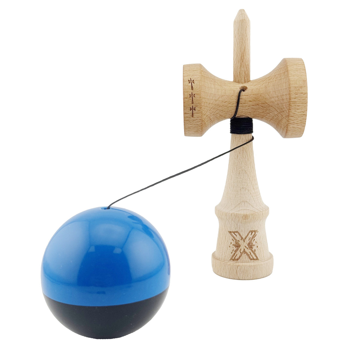 Kendama X Originala, Profesionala, Vivimall, Big Cups V2, Super Sticky cu Cupe Mari, Rulment Metalic, din lemn 18 cm, Ata 55 cm, Albastru/Negru - vivimall.ro