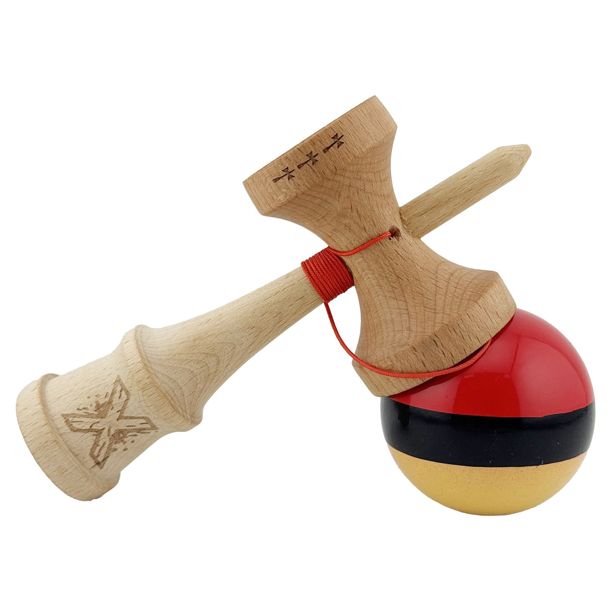 Kendama X Originala, Profesionala, Vivimall, Big Cups V2, Super Sticky, Rulment Metalic cu Ata 55 cm, rosu/negru/galben - vivimall.ro