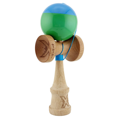 Kendama X Originala, Profesionala, Vivimall, Big Cups V2, Super Sticky cu Cupe Mari, Rulment Metalic, din lemn 18 cm, Ata 55 cm, Albastru/Verde