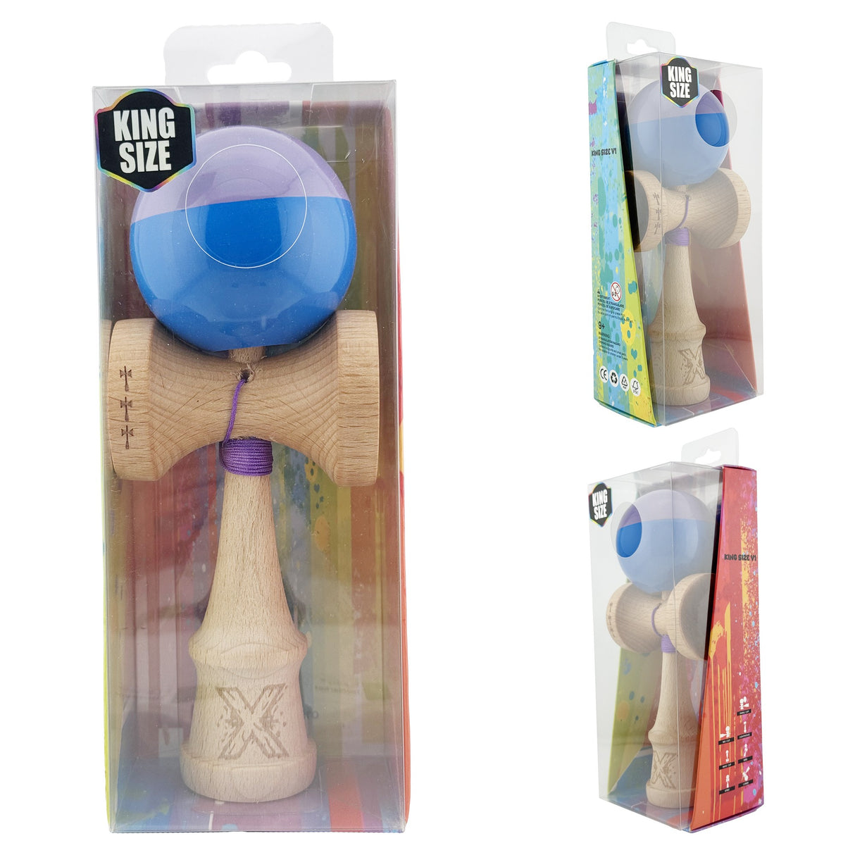 Kendama X Originala, Profesionala, Vivimall, Big Cups V2, Super Sticky cu Cupe Mari, Rulment Metalic, din lemn 18 cm, Ata 55 cm, Mov/Albastru - vivimall.ro