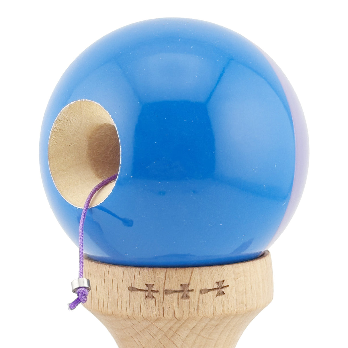 Kendama X Originala, Profesionala, Flippy, Big Cups V2, Super Sticky cu Cupe Mari, Rulment Metalic, din lemn 18 cm, Ata 55 cm, Mov/Albastru