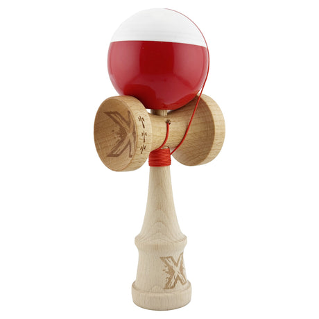 Kendama X Originala, Profesionala, Vivimall, Big Cups V2, Super Sticky cu Cupe Mari, Rulment Metalic, din lemn 18 cm, Ata 55 cm, Alb/Rosu