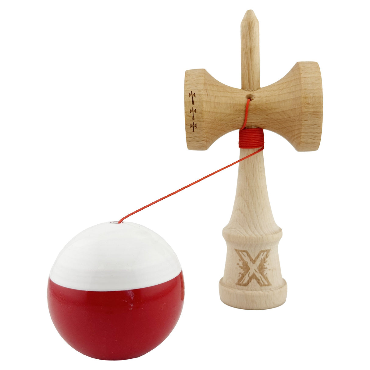 Kendama X Originala, Profesionala, Flippy, Big Cups V2, Super Sticky cu Cupe Mari, Rulment Metalic, din lemn 18 cm, Ata 55 cm, Alb/Rosu