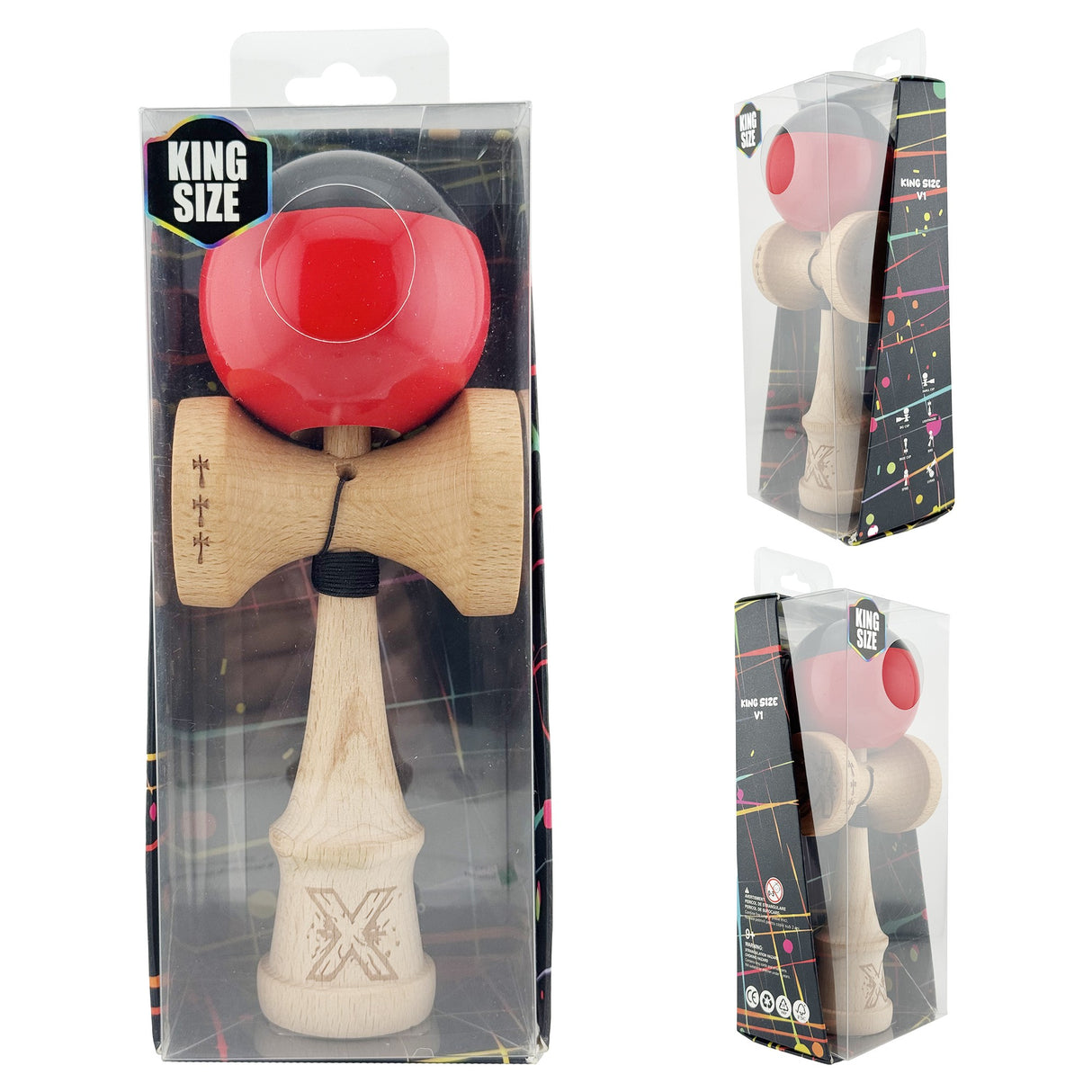 Kendama X Originala, Profesionala, Vivimall, Big Cups V2, Super Sticky cu Cupe Mari, Rulment Metalic, din lemn 18 cm, Ata 55 cm, Negru/Rosu