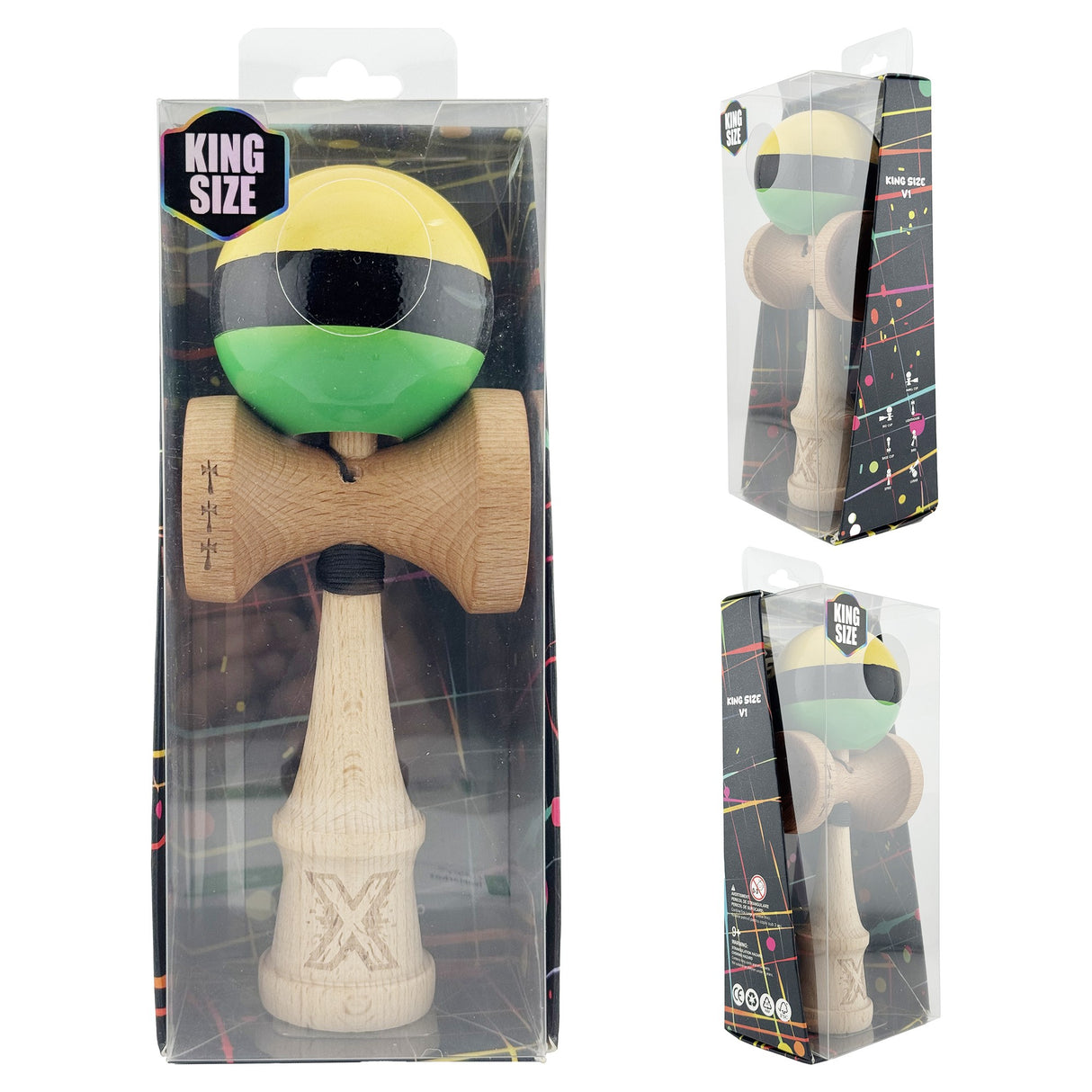 Kendama X Originala, Profesionala, Vivimall, Big Cups V2, Super Sticky, Rulment Metalic cu Ata 55 cm,  Galben/Negru/Verde - vivimall.ro