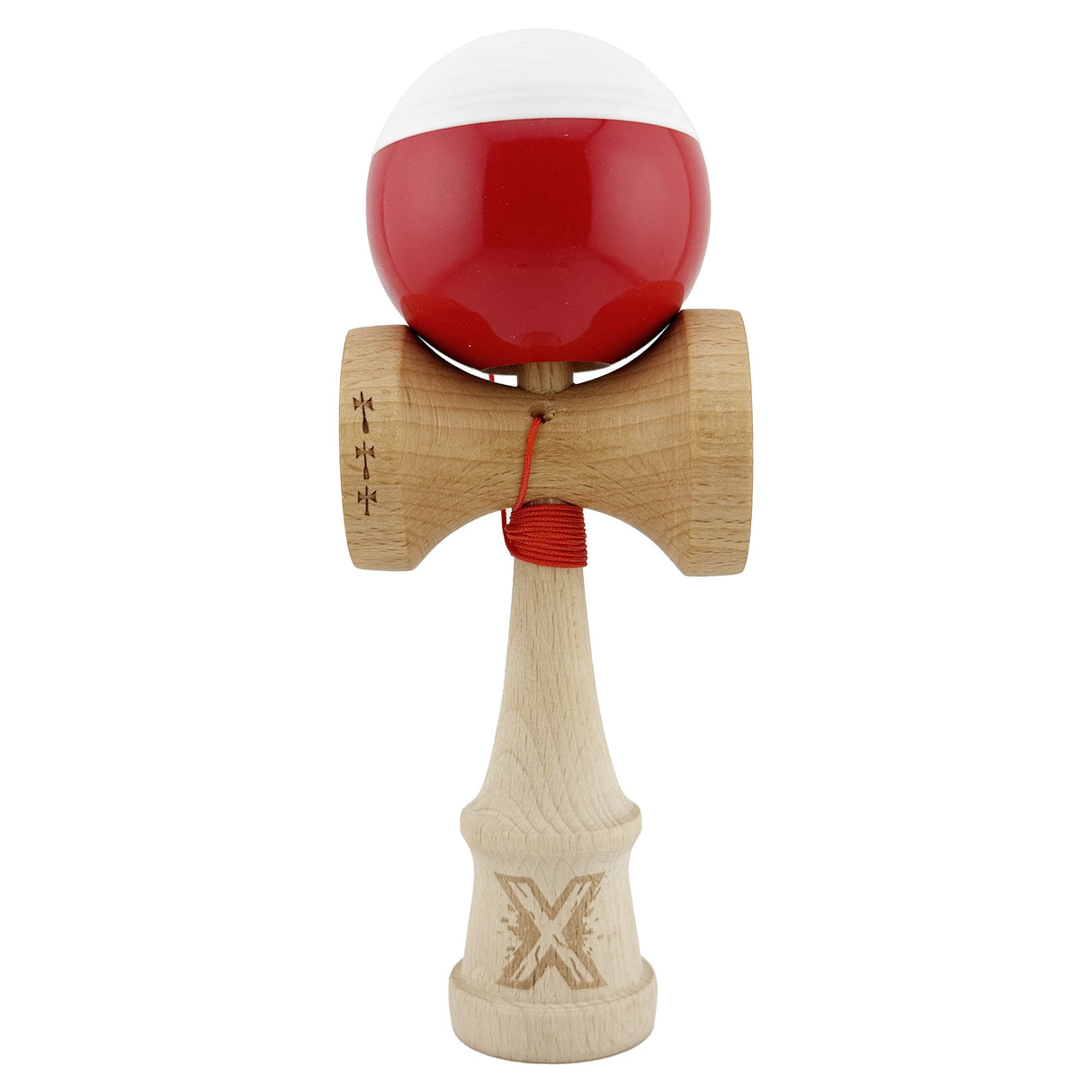 Kendama X Originala, Profesionala, Vivimall, Big Cups V2, Super Sticky cu Cupe Mari, Rulment Metalic, din lemn 18 cm, Ata 55 cm, Alb/Rosu - vivimall.ro