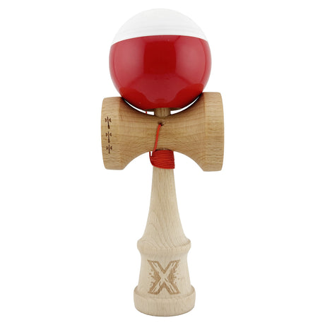 Kendama X Originala, Profesionala, Vivimall, Big Cups V2, Super Sticky cu Cupe Mari, Rulment Metalic, din lemn 18 cm, Ata 55 cm, Alb/Rosu - vivimall.ro