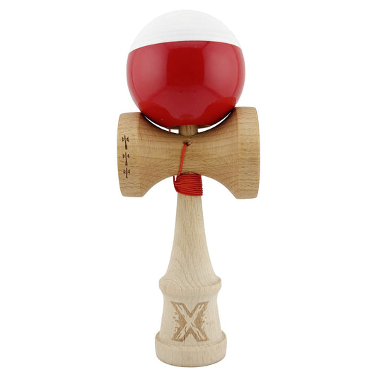 Kendama X Originala, Profesionala, Vivimall, Big Cups V2, Super Sticky cu Cupe Mari, Rulment Metalic, din lemn 18 cm, Ata 55 cm, Alb/Rosu - vivimall.ro