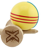 Kendama X Originala, Profesionala, Flippy, Big Cups V2, Super Sticky Legendary Cupe Mari, Rulment Metalic cu Ata 55 cm,-Galben/Linii Rosii - vivimall.ro