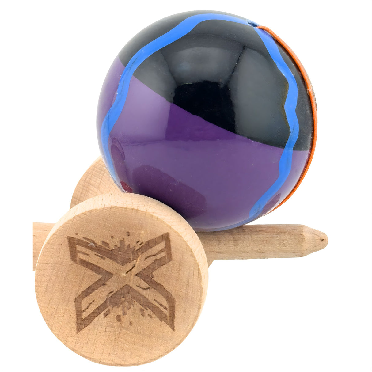 Kendama X Originala, Profesionala, Flippy, Big Cups V2, Super Sticky Cupe Mari, Rulment Metalic cu Ata 55 cm,-Negru Mov cu Linii - vivimall.ro
