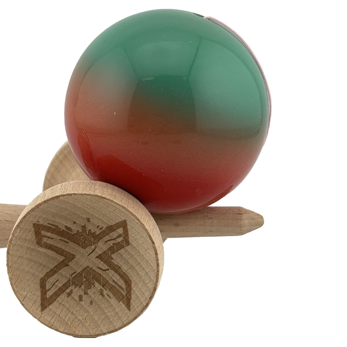 Kendama X Originala, Profesionala, Flippy, Big Cups V2, Super Sticky Cupe Mari, Rulment Metalic cu Ata 55 cm, Rosu/Verde - vivimall.ro