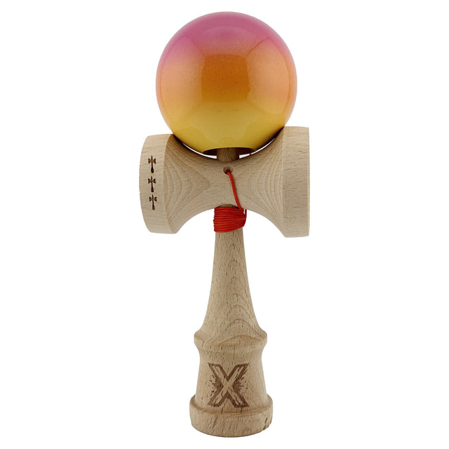 Kendama X Originala, Profesionala, Flippy, Big Cups V2, Super Sticky Cupe Mari, Rulment Metalic cu Ata 55 cm, Roz/Portocaliu/Galben - vivimall.ro