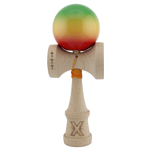 Kendama X Originala, Profesionala, Flippy, Big Cups V2, Super Sticky Cupe Mari, Rulment Metalic cu Ata 55 cm, Verde/Galben/Rosu - vivimall.ro