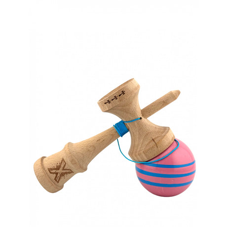 Kendama X Originala, Profesionala, Flippy, Big Cups V2, Super Sticky Legendary Cupe Mari, Rulment Metalic cu Ata 55 cm, Roz/Linii Albastre deschise - vivimall.ro