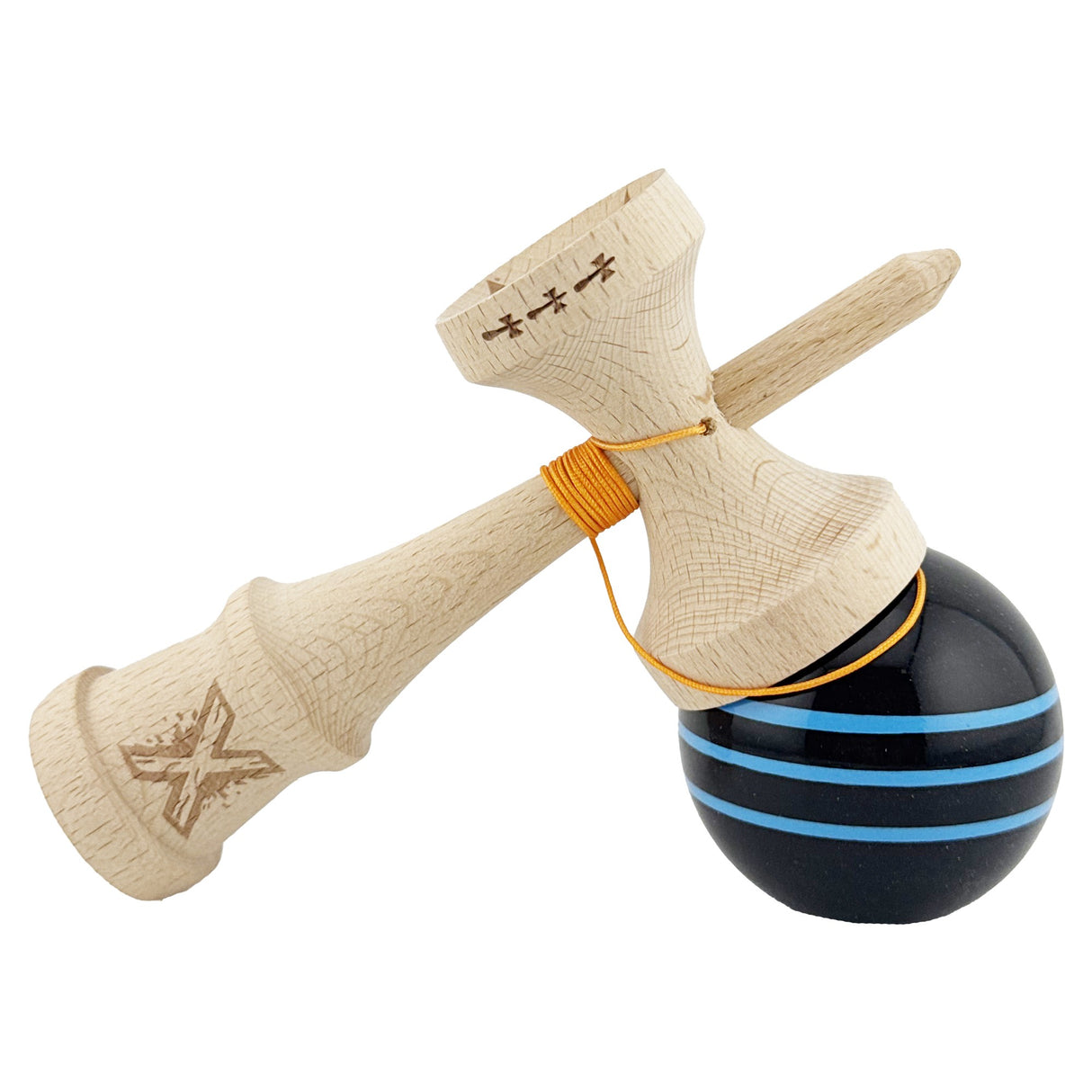 Kendama X Originala, Profesionala, Flippy, Big Cups V2, Super Sticky Legendary Cupe Mari, Rulment Metalic cu Ata 55 cm, Negru/Linii Albastre deschise - vivimall.ro