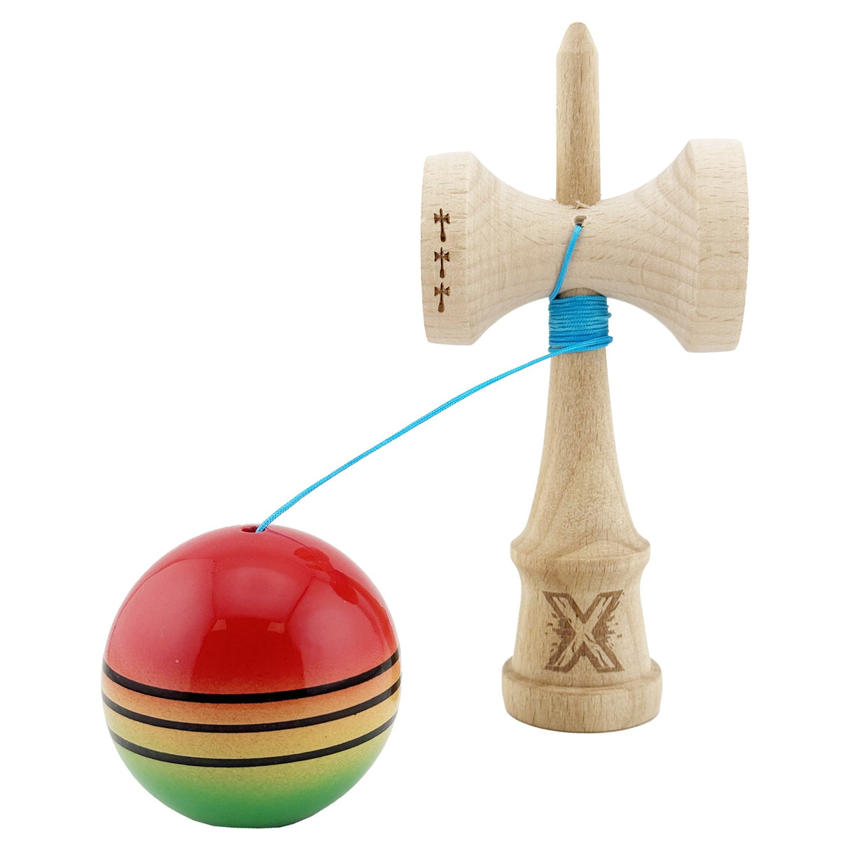 Kendama X Originala, Profesionala, Flippy, Big Cups V2, Super Sticky Legendary Cupe Mari, Rulment Metalic cu Ata 55 cm, Rosu/Galben/Verde - vivimall.ro