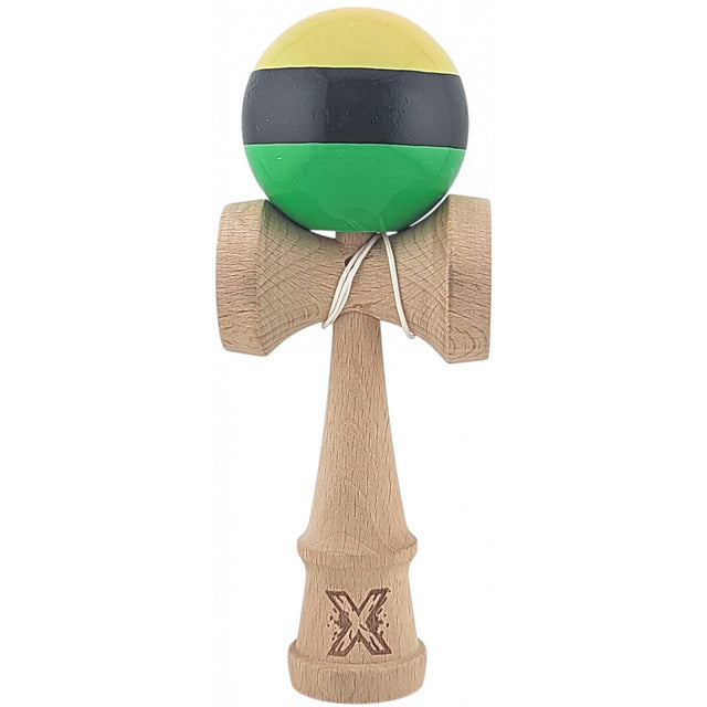 Kendama X Originala, Profesionala, Flippy, Big Cups V2, Super Sticky, Rulment Metalic cu Ata 55 cm,  Galben/Negru/Verde - vivimall.ro