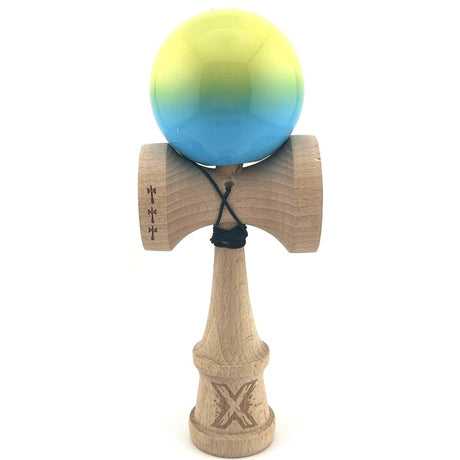 Kendama X Originala, Profesionala, Flippy, Big Cups V2, Super Sticky, Rulment Metalic cu Ata 55 cm, Galben/Verde/ albastru - vivimall.ro
