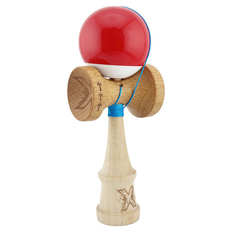 Kendama X Originala, Profesionala, Flippy, Big Cups V2, Super Sticky cu Cupe Mari, din lemn 18 cm, Rulment Metalic cu Ata 55 cm, Rosu/Alb - vivimall.ro
