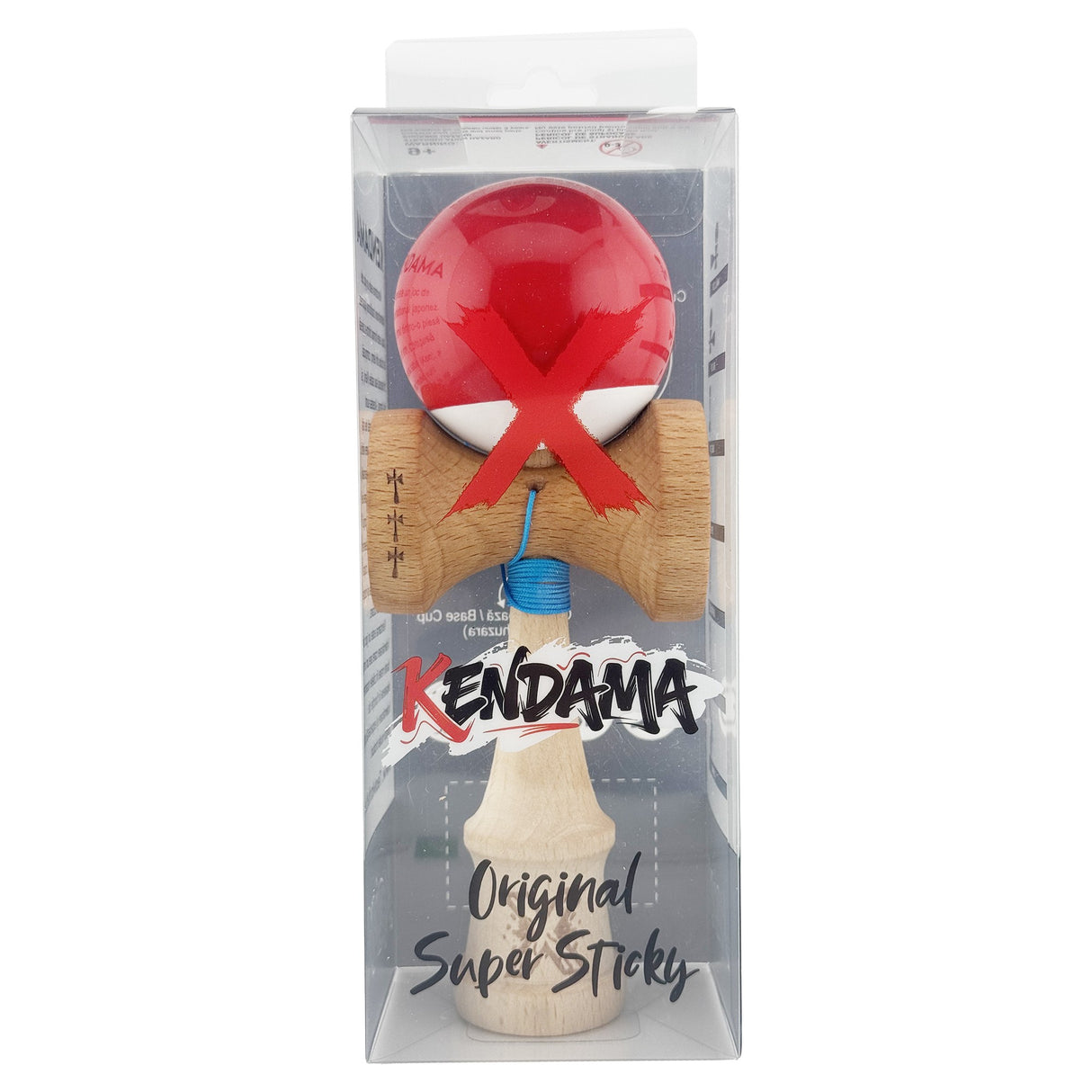 Kendama X Originala, Profesionala, Flippy, Big Cups V2, Super Sticky cu Cupe Mari, din lemn 18 cm, Rulment Metalic cu Ata 55 cm, Rosu/Alb - vivimall.ro