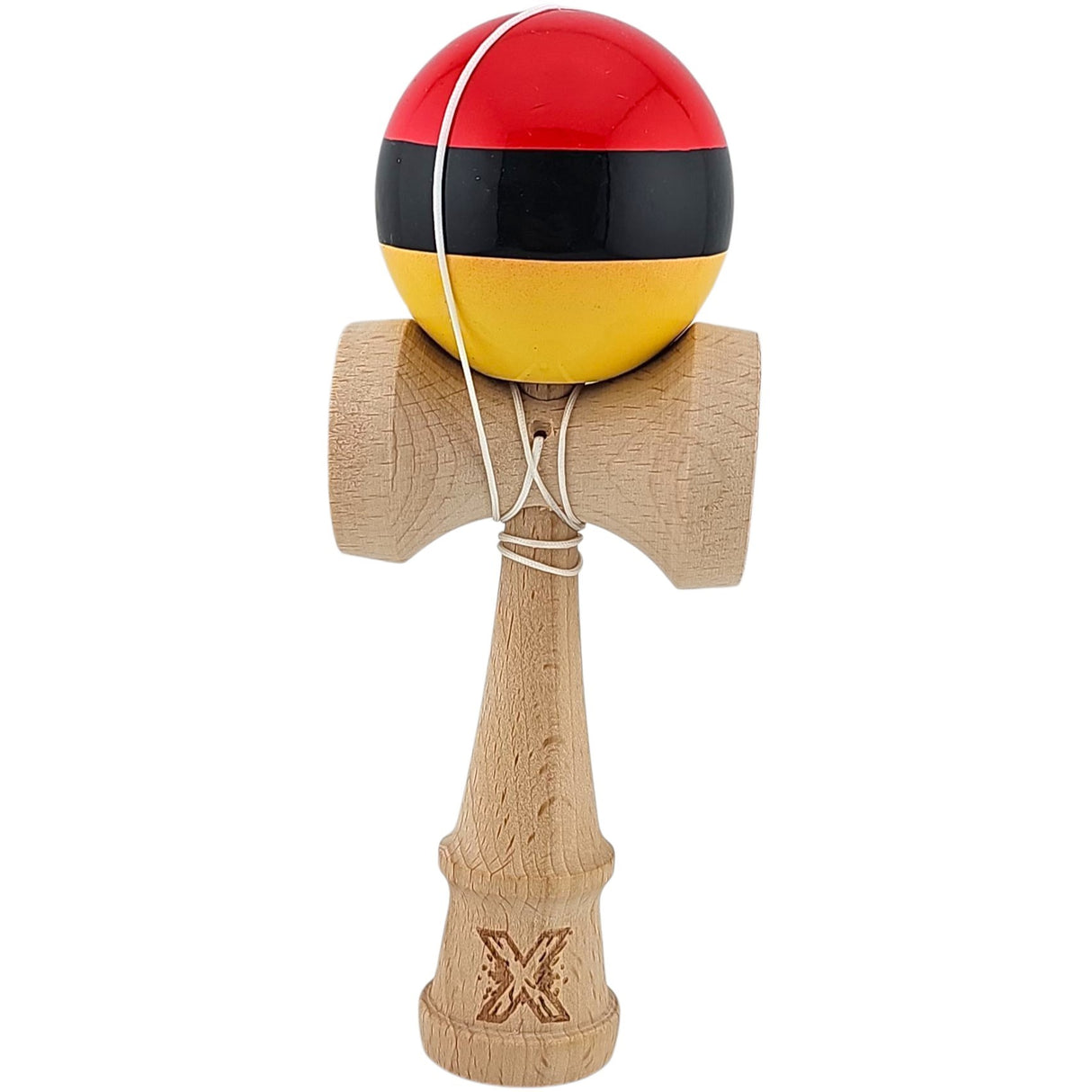 Kendama X Originala, Profesionala, Flippy, Big Cups V2, Super Sticky, Rulment Metalic cu Ata 55 cm, rosu/negru/galben - vivimall.ro