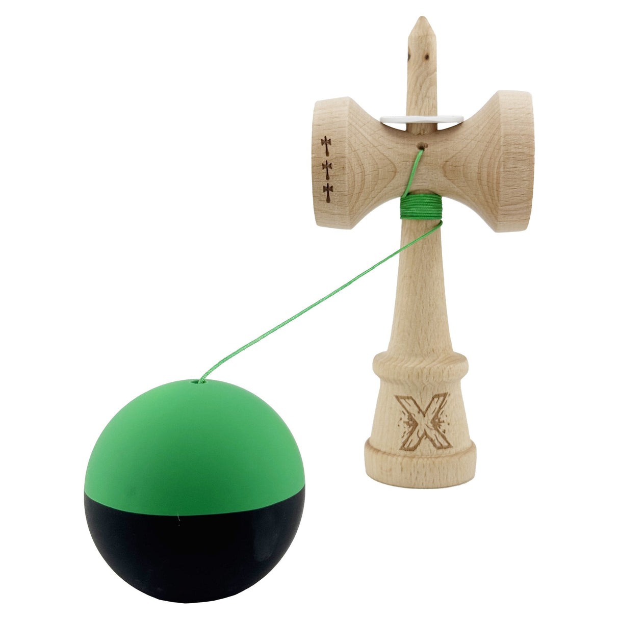 Kendama X Originala, Profesionala, Vivimall, Cupe Mari KING SIZE V3, Rubber Grip, Gaura in Baza, Rulment Metalic, din lemn 18 cm, Ata 55 cm, Bicolor Verde/Negru - vivimall.ro