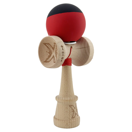 Kendama X Originala, Profesionala, Vivimall, Cupe Mari KING SIZE V3, Rubber Grip, Gaura in Baza, Rulment Metalic, din lemn 18 cm, Ata 55 cm, Bicolor Negru/Rosu - vivimall.ro