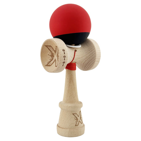 Kendama X Originala, Profesionala, Vivimall, Cupe Mari KING SIZE V3, Rubber Grip, Gaura in Baza, Rulment Metalic, din lemn 18 cm, Ata 55 cm, Bicolor Rosu/Negru - vivimall.ro