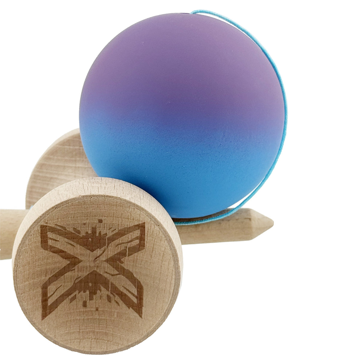 Kendama X Originala, Profesionala, Vivimall, Cupe Mari KING SIZE V3, Rubber Grip, Gaura in Baza, Rulment Metalic, din lemn 18 cm, Ata 55 cm, Gradient Mov/Albastru - vivimall.ro