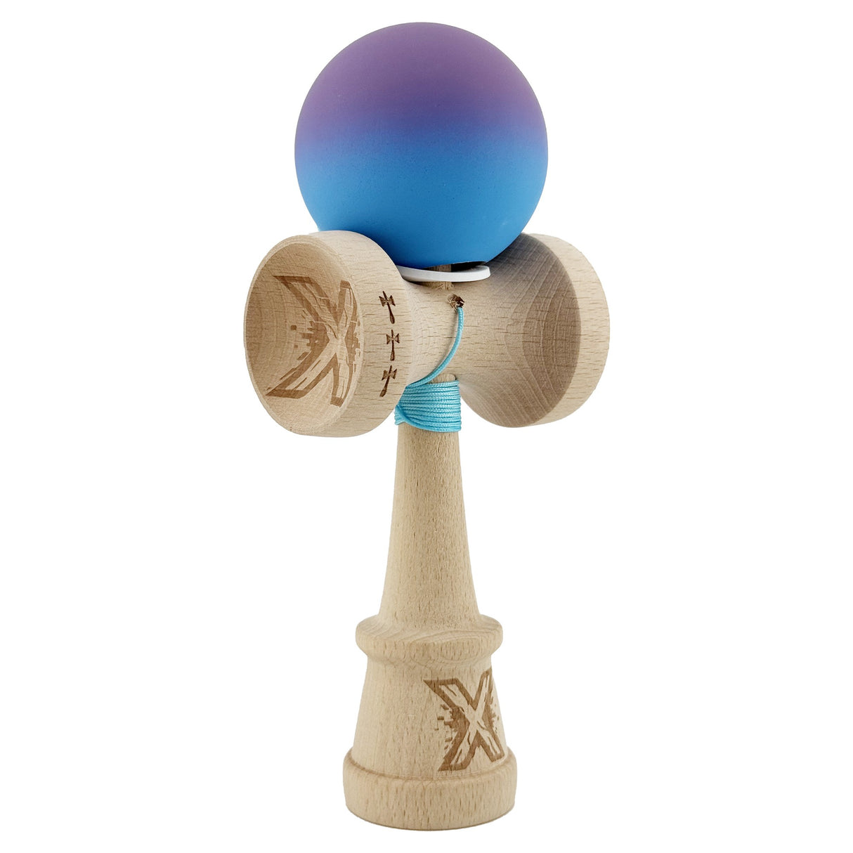 Kendama X Originala, Profesionala, Vivimall, Cupe Mari KING SIZE V3, Rubber Grip, Gaura in Baza, Rulment Metalic, din lemn 18 cm, Ata 55 cm, Gradient Mov/Albastru - vivimall.ro