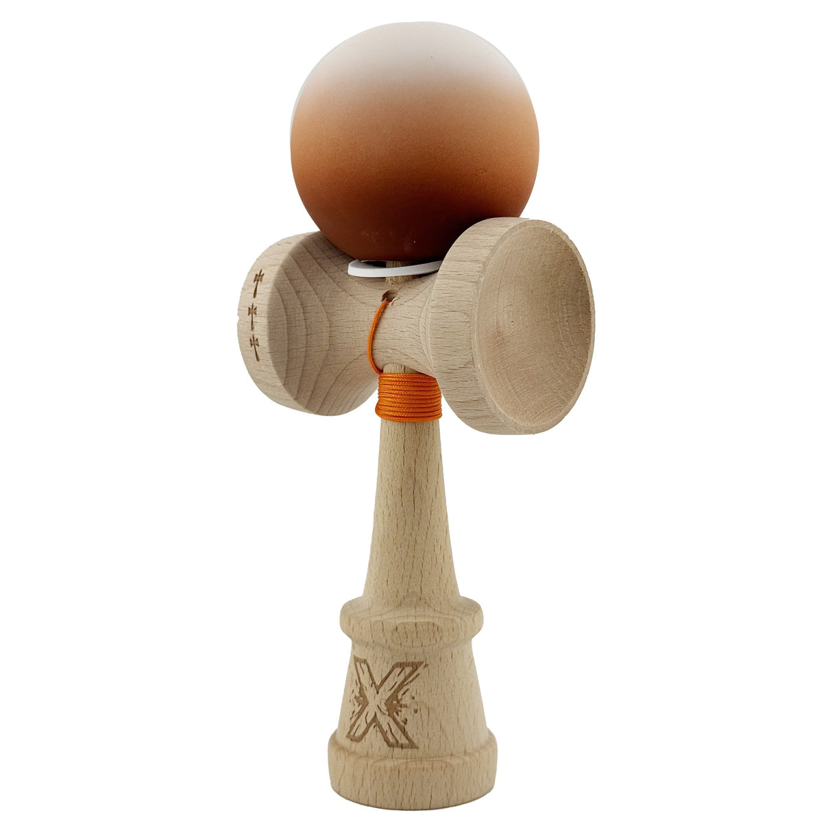 Kendama X Originala, Profesionala, Vivimall, Cupe Mari KING SIZE V3, Rubber Grip, Gaura in Baza, Rulment Metalic, din lemn 18 cm, Ata 55 cm, Gradient Alb/Maro - vivimall.ro
