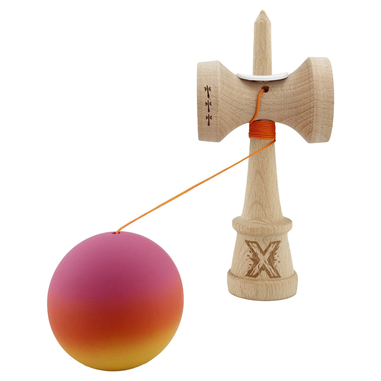 Kendama X Originala, Profesionala, Vivimall, Cupe Mari KING SIZE V3, Rubber Grip, Gaura in Baza, Rulment Metalic, din lemn 18 cm, Ata 55 cm, Gradient Roz/Rosu/Galben - vivimall.ro
