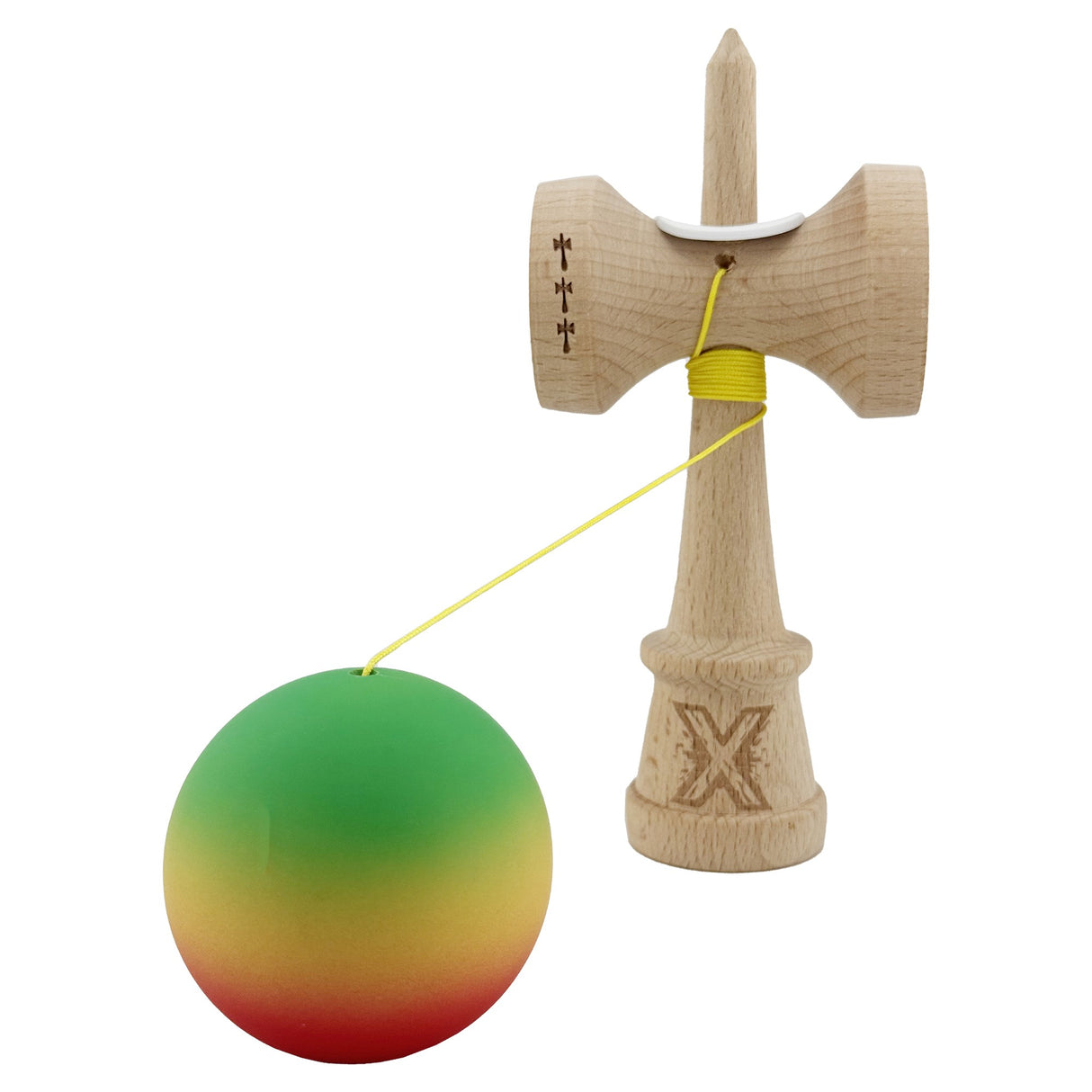 Kendama X Originala, Profesionala, Vivimall, Cupe Mari KING SIZE V3, Rubber Grip, Gaura in Baza, Rulment Metalic, din lemn 18 cm, Ata 55 cm, Gradient Verde/Galben/Rosu - vivimall.ro