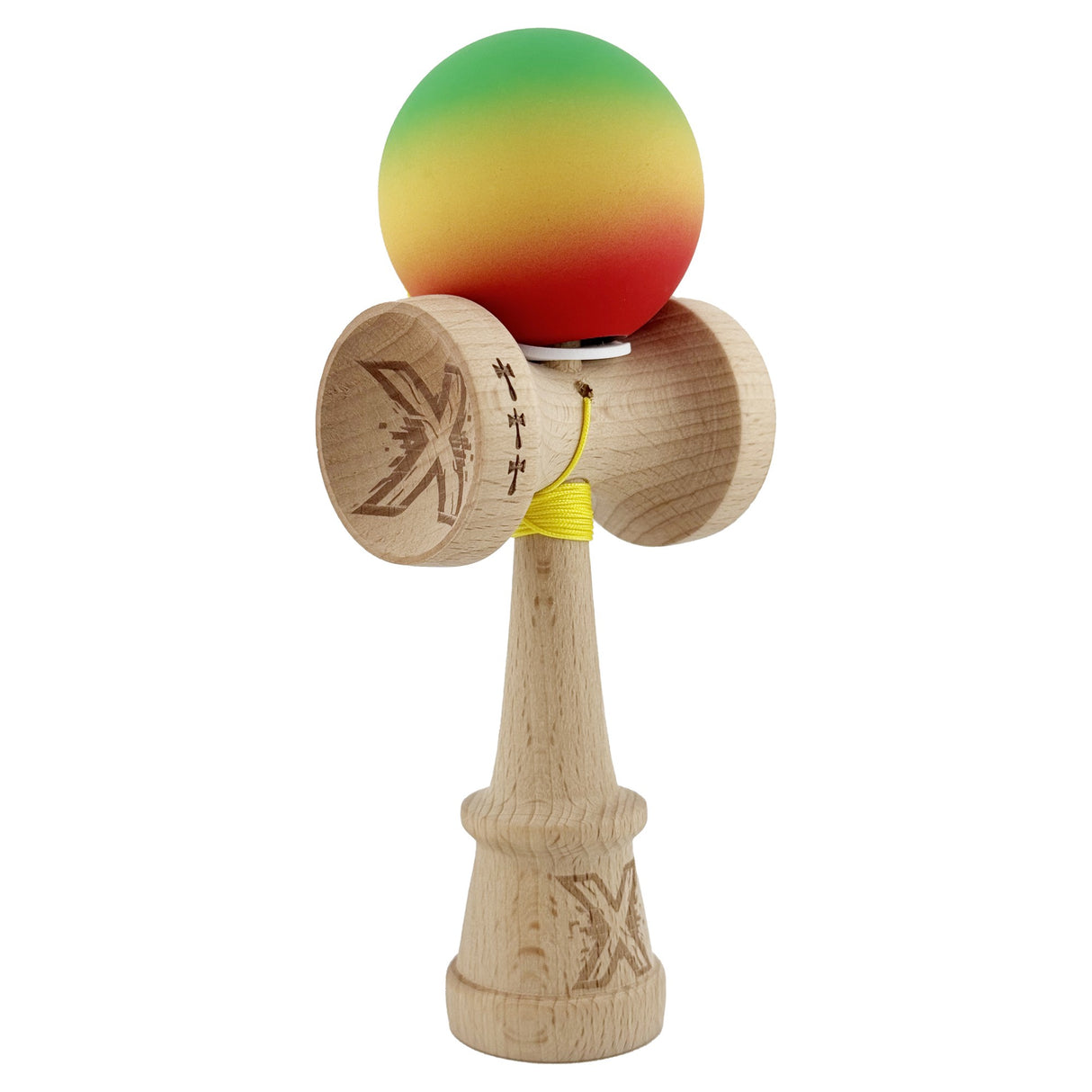 Kendama X Originala, Profesionala, Vivimall, Cupe Mari KING SIZE V3, Rubber Grip, Gaura in Baza, Rulment Metalic, din lemn 18 cm, Ata 55 cm, Gradient Verde/Galben/Rosu - vivimall.ro