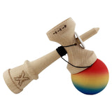 Kendama X Originala, Profesionala, Vivimall, Cupe Mari KING SIZE V3, Rubber Grip, Gaura in Baza, Rulment Metalic, din lemn 18 cm, Ata 55 cm, Gradient Rosu/Galben/Albastru - vivimall.ro