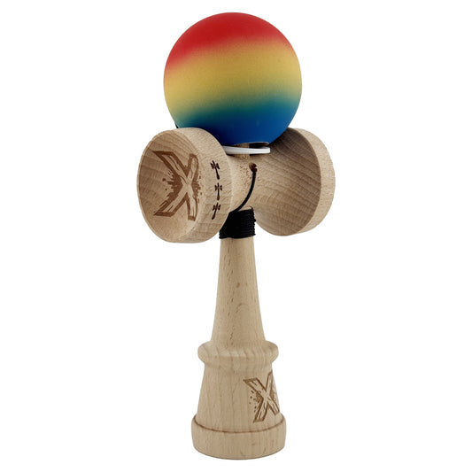 Kendama X Originala, Profesionala, Flippy, Cupe Mari KING SIZE V3, Rubber Grip, Gaura in Baza, Rulment Metalic, din lemn 18 cm, Ata 55 cm, Gradient Rosu/Galben/Albastru - vivimall.ro