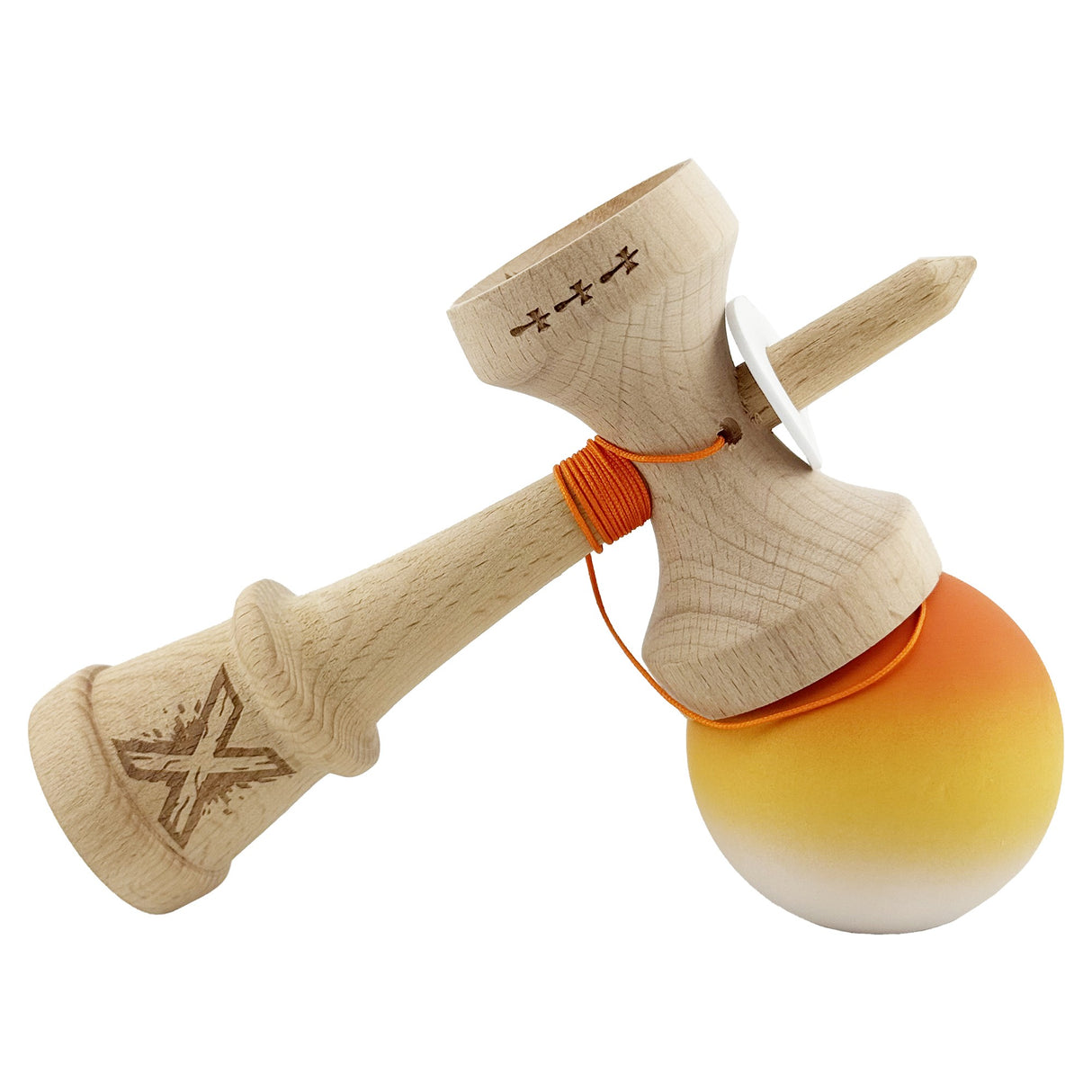 Kendama X Originala, Profesionala, Vivimall, Cupe Mari KING SIZE V3, Rubber Grip, Gaura in Baza, Rulment Metalic, din lemn 18 cm, Ata 55 cm, Gradient Portocaliu/Galben/Alb - vivimall.ro