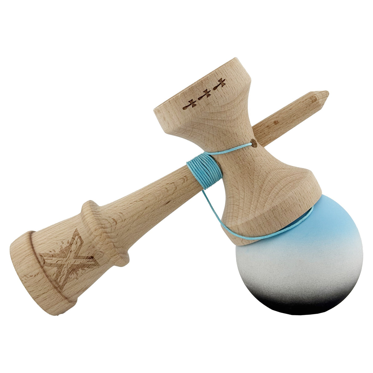 Kendama X Originala, Profesionala, Vivimall, Cupe Mari KING SIZE V3, Rubber Grip, Gaura in Baza, Rulment Metalic, din lemn 18 cm, Ata 55 cm, Gradient Albastru deschis/Alb/Negru - vivimall.ro