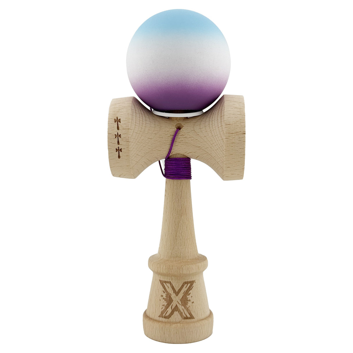 Kendama X Originala, Profesionala, Vivimall, Cupe Mari KING SIZE V3, Rubber Grip, Gaura in Baza, Rulment Metalic, din lemn 18 cm, Ata 55 cm, Gradient Albastru deschis/Alb/Mov - vivimall.ro