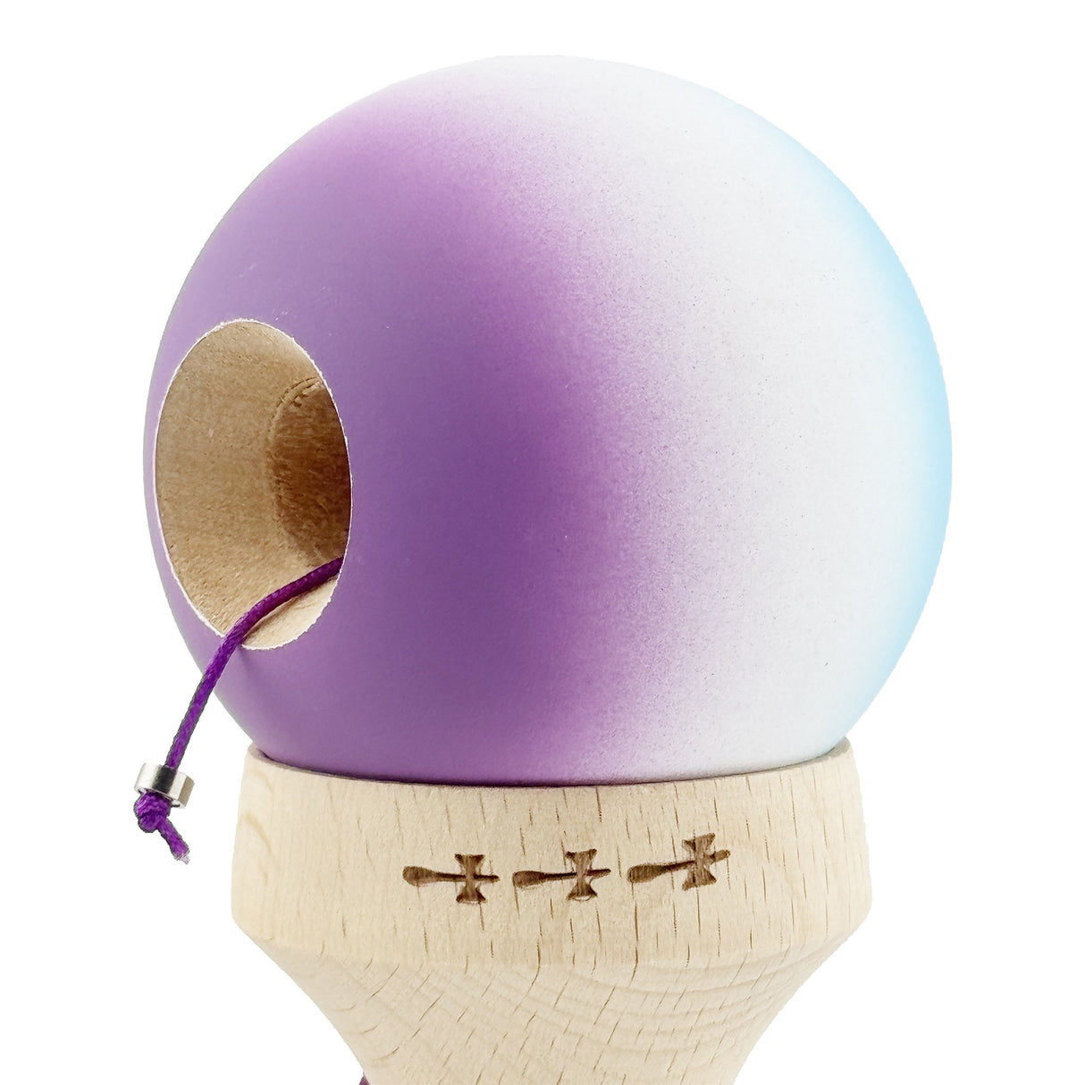 Kendama X Originala, Profesionala, Vivimall, Cupe Mari KING SIZE V3, Rubber Grip, Gaura in Baza, Rulment Metalic, din lemn 18 cm, Ata 55 cm, Gradient Albastru deschis/Alb/Mov - vivimall.ro