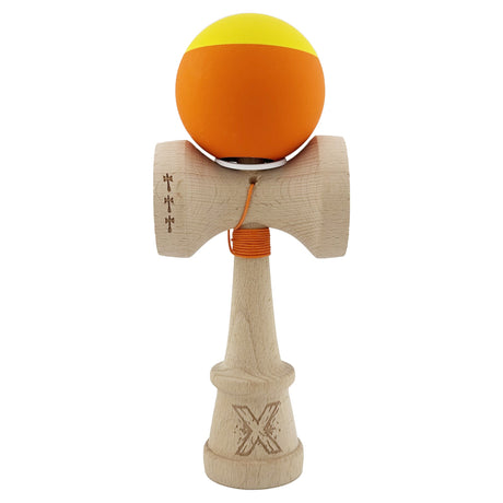 Kendama X Originala, Profesionala, Vivimall, Rubber Grip, Cupe Mari KING SIZE V3, Gaura in Baza, Rulment Metalic, din lemn 18 cm, Ata 55 cm, Bicolor Galben/Portocaliu - vivimall.ro