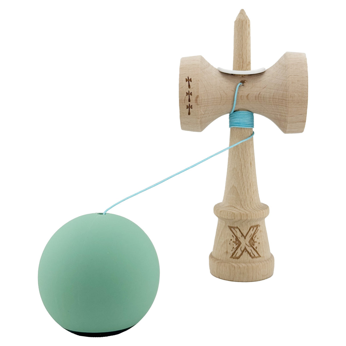 Kendama X Originala, Profesionala, Vivimall, Rubber Grip, Cupe Mari KING SIZE V3, Gaura in Baza, Rulment Metalic, din lemn 18 cm, Ata 55 cm, Bicolor Turcoaz/Albastru inchis - vivimall.ro