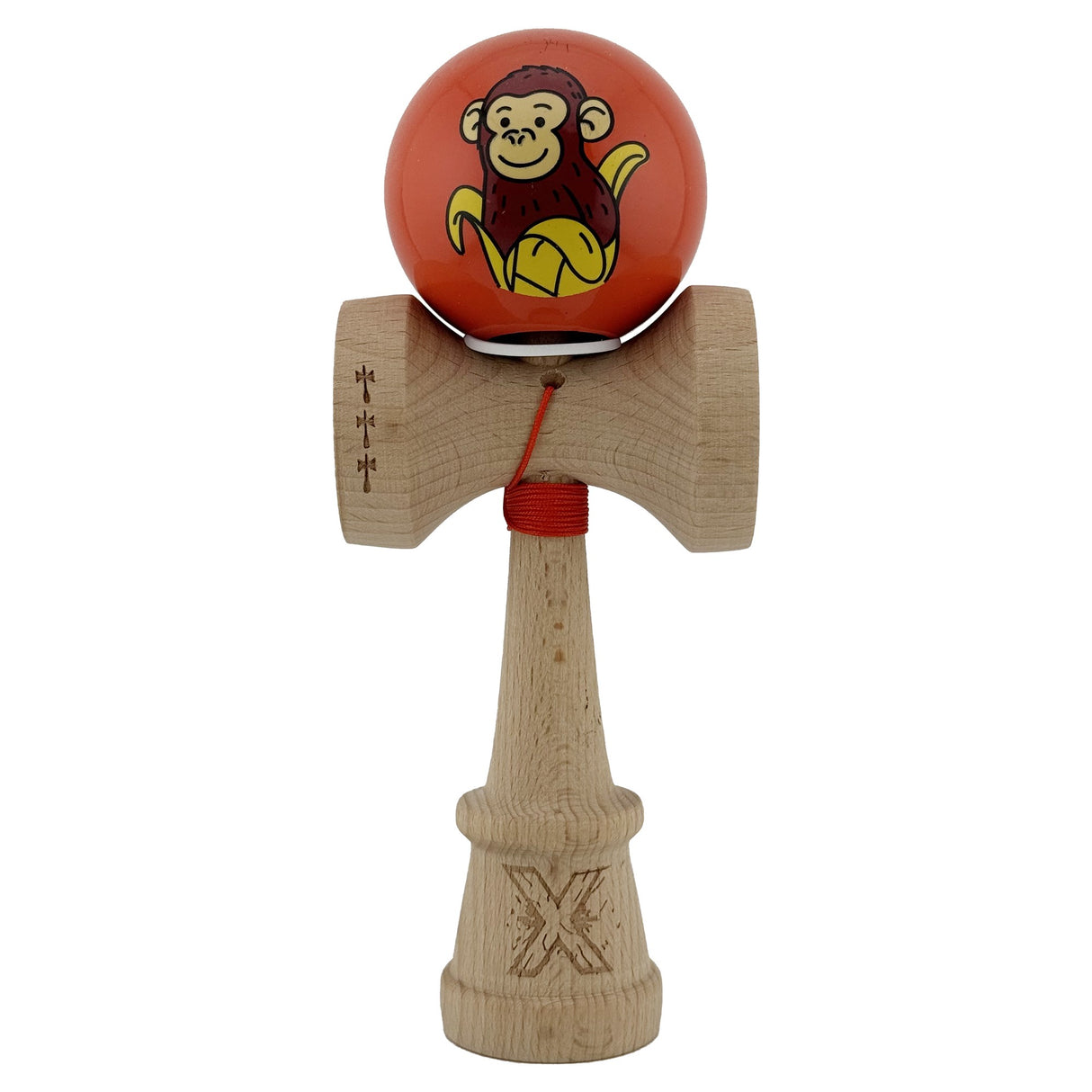Kendama X Originala, Profesionala, Vivimall, Brown Monkey, Super Sticky cu Cupe Mari King Size V3, Rulment Metalic si Gaura in Baza, din Lemn 18 cm, Ata 55 cm, Rosu - vivimall.ro