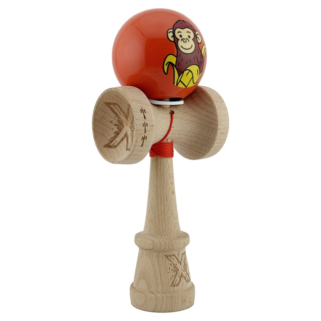 Kendama X Originala, Profesionala, Vivimall, Brown Monkey, Super Sticky cu Cupe Mari King Size V3, Rulment Metalic si Gaura in Baza, din Lemn 18 cm, Ata 55 cm, Rosu - vivimall.ro