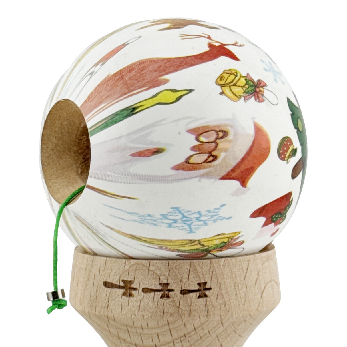 Kendama X Originala, Profesionala, Vivimall, Christmas Edition, Super Sticky cu Cupe Mari KING SIZE V3, Rulment Metalic si Gaura in Baza, din Lemn 18 cm, Ata 55 cm, Alb Xmass Party - vivimall.ro