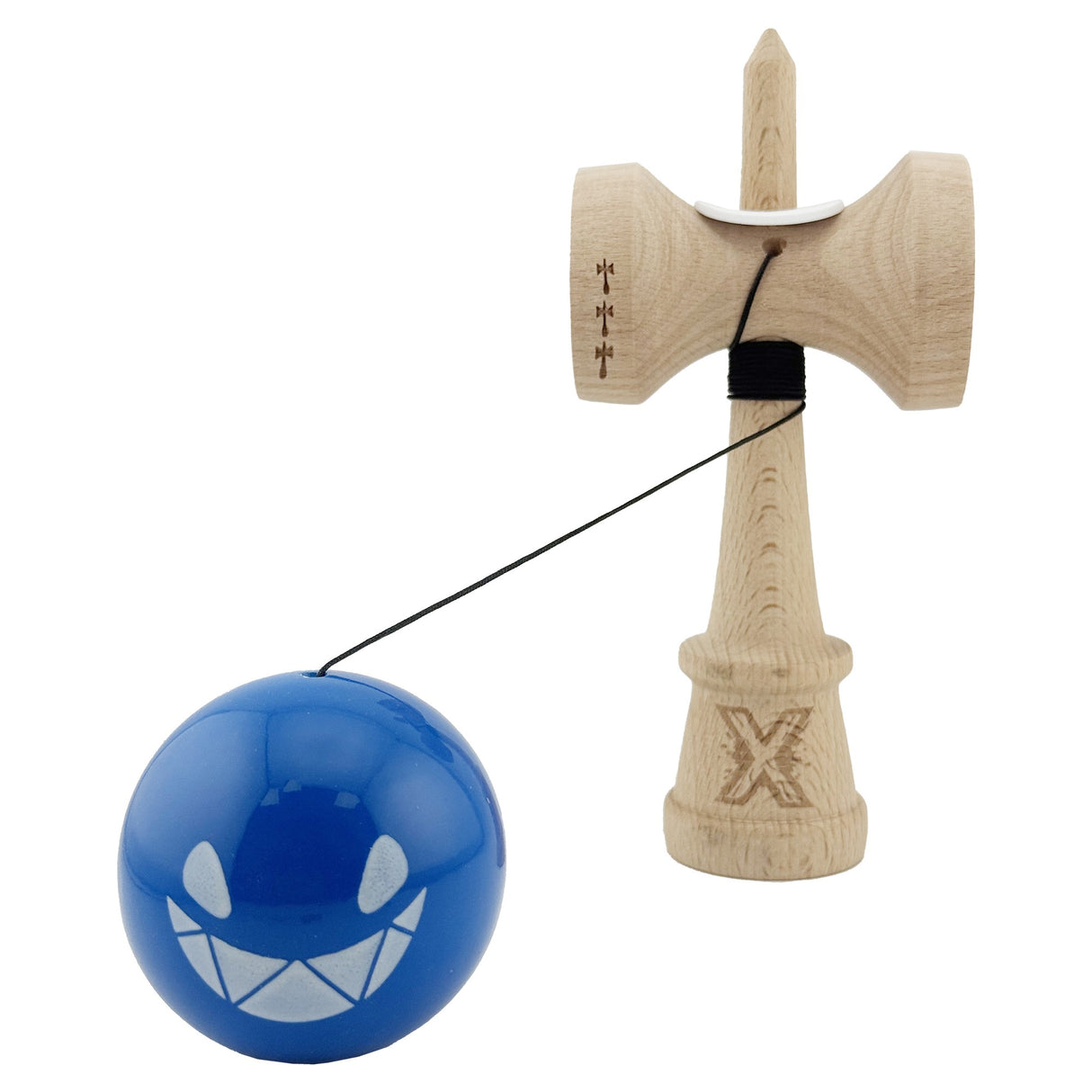 Kendama X Originala, Profesionala, Flippy, Crazy Smile, Super Sticky cu Cupe Mari KING SIZE V3, Gaura in Baza, Rulment Metalic, din lemn 18 cm, Ata 62/65 cm, Special Albastru - vivimall.ro