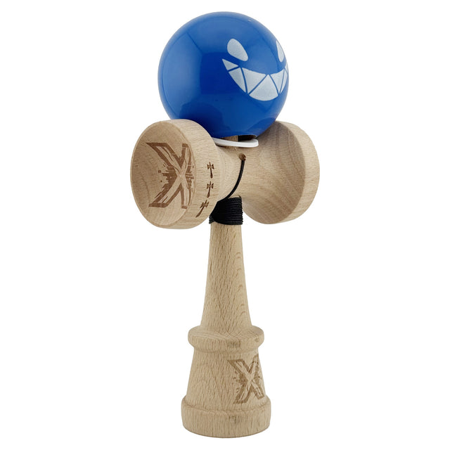 Kendama X Originala, Profesionala, Flippy, Crazy Smile, Super Sticky cu Cupe Mari KING SIZE V3, Gaura in Baza, Rulment Metalic, din lemn 18 cm, Ata 62/65 cm, Special Albastru - vivimall.ro