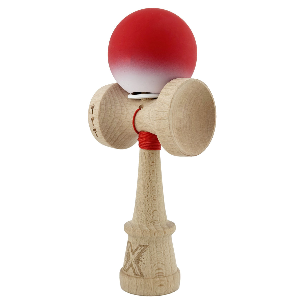Kendama X Originala, Profesionala, Vivimall, Cupe Mari KING SIZE V3, Rubber Grip, Gaura in Baza, Rulment Metalic, din lemn 18 cm, Ata 55 cm, Gradient Rosu/Alb - vivimall.ro