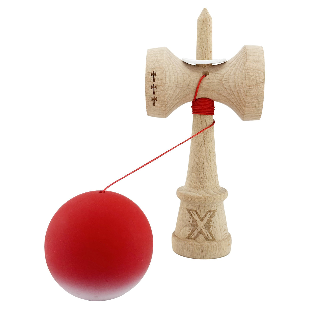 Kendama X Originala, Profesionala, Vivimall, Cupe Mari KING SIZE V3, Rubber Grip, Gaura in Baza, Rulment Metalic, din lemn 18 cm, Ata 55 cm, Gradient Rosu/Alb - vivimall.ro